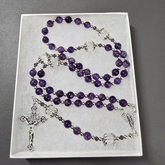 Large One Of A Kind Hand Crafted Rosary Made With Amethyst And Quartz - Picture 2 of 3